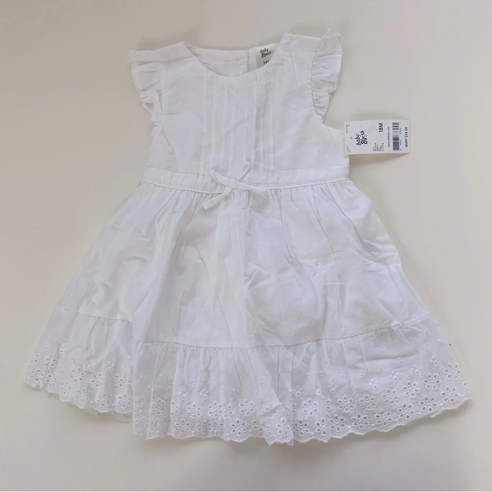 Osh Kosh B’gosh Baby Girl White Flutter Sleeve Eyelet Dress Size 18 Months NWT
